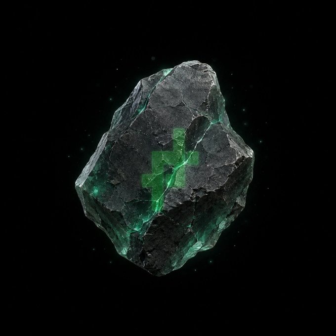 A rough black rock floats against a black background with a glowing green health-style cross etched across its center, marked by a deep crack. Tiny green specks drift off the stone, reinforcing the "Spark Fragment" reveal—a simple, crack-shattered shard marking the start of a miner's streak.