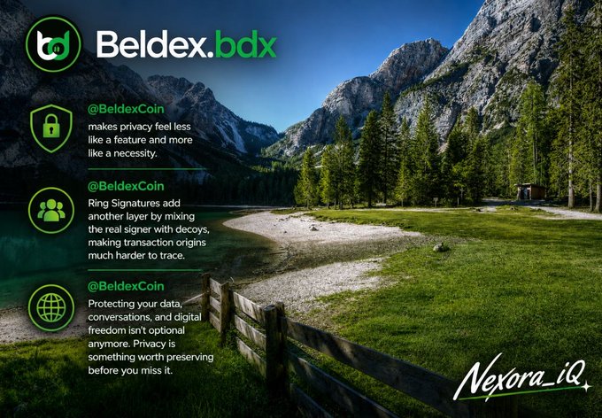 A promotional image for 'Beldex.bdx' overlays text on a scenic mountain lake background with a wooden fence. The text includes tweets from '@BeldexCoin' discussing privacy features like Ring Signatures and protecting data, with 'Nexora_iQ' signed in the bottom right.