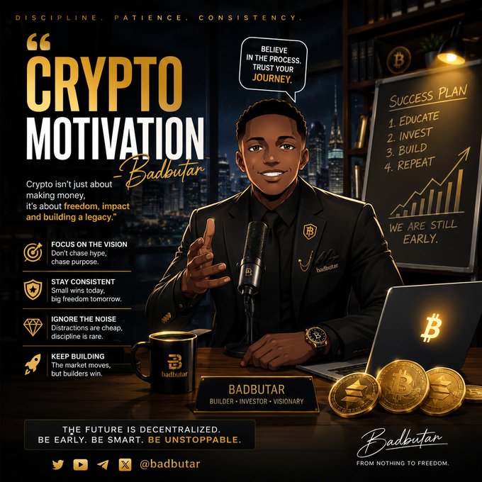 A crypto-themed motivational poster featuring a cartoon avatar of "badbutar" labeled as "BUILDER · INVESTOR · VISIONARY," with text including "CRYPTO MOTIVATION," "BELIEVE IN THE PROCESS. TRUST YOUR JOURNEY," and "WE ARE STILL EARLY."