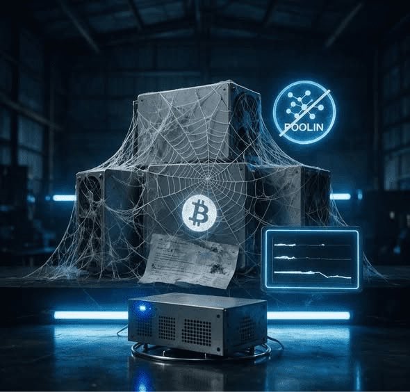 A stylized digital image depicting an inactive Bitcoin mining rig covered in cobwebs, accompanied by a "POOLIN" logo with a red prohibition slash over it and a flatlining heartbeat monitor.