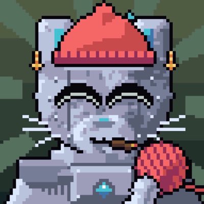 A pixel art portrait of a gray cat wearing a red knitted beanie and holding a brown club, smiling with closed eyes.