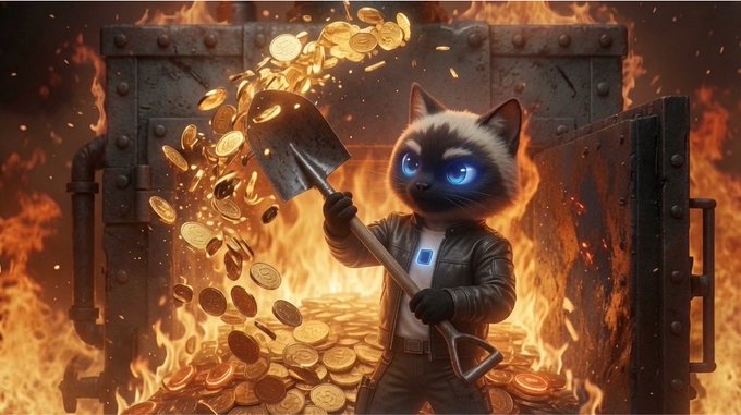 An AI-generated image of an anthropomorphic cat with blue eyes wearing a leather jacket, holding a shovel amid gold coins and flames inside an industrial furnace.