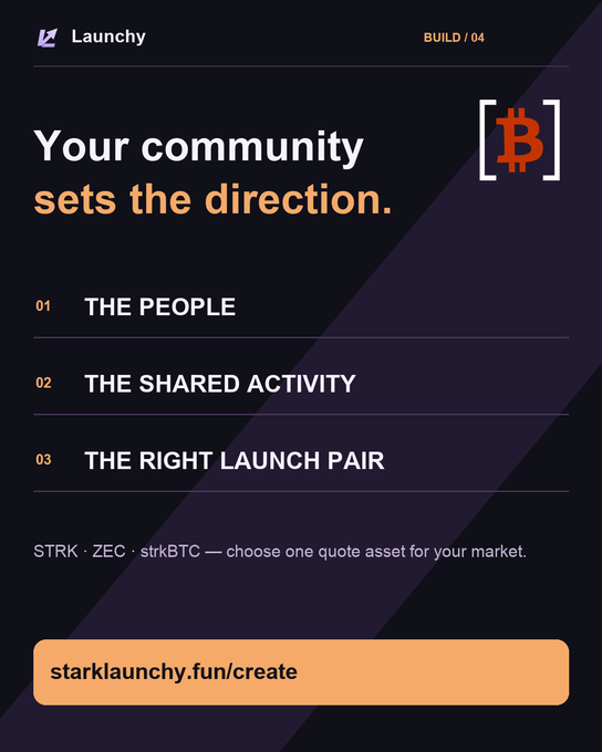 A dark-themed 'Launchy' graphic reading 'Your community sets the direction' with three points: 'THE PEOPLE', 'THE SHARED ACTIVITY', and 'THE RIGHT LAUNCH PAIR', promoting starklaunchy.fun/create.