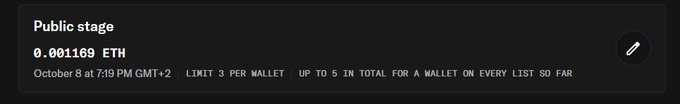 A screenshot showing a 'Public stage' with a price of '0.001169 ETH', scheduled for 'October 8 at 7:19 PM GMT+2', with a 'LIMIT 3 PER WALLET' note.