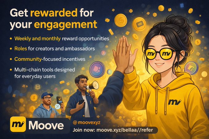 The image features a cartoon girl wearing sunglasses and a yellow hoodie with the word "MOVE" written across her chest. The girl is giving a high five to another person who is holding a phone. There are also other people present in the scene, but they are not the main focus of the image. The text on the image reads: "Get rewarded for your engagement. Weekly and monthly reward opportunities. Roles for creators and ambassadors. Community focused incentives. Multi-chain tools designed for everyday users".