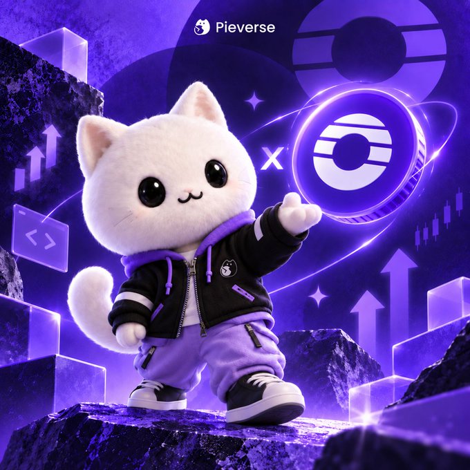A fluffy white cat mascot wearing a black and purple outfit stands on rocky terrain, gesturing toward a glowing Orderly Network token, with the "Pleverse" logo displayed at the top. The image visually represents the partnership announcement, showcasing the Pleverse mascot introducing Orderly's onchain perpetuals integration into their Agent platform.