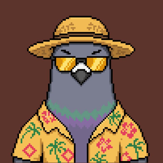 A pixel art illustration of a pigeon wearing a straw hat, yellow sunglasses, and a tropical floral Hawaiian shirt, accessorized with a beaded necklace. The laid-back, vacation-ready bird perfectly embodies the cheerful "GM!" (Good Morning) vibe, looking cool and ready for a sunny day.