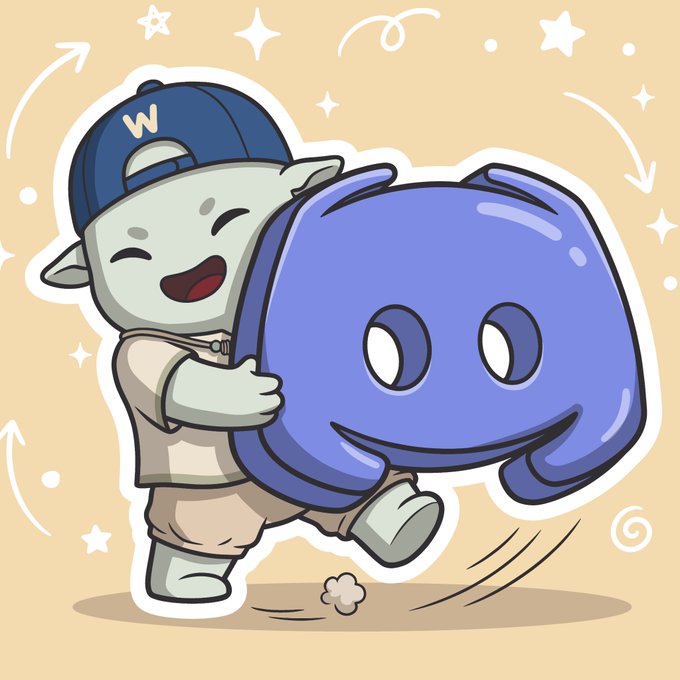 Cute cartoon illustration of a small green character wearing a blue 'W' cap hugging a smiling blue Discord-like mascot, with sparkle decorations on a beige background.
