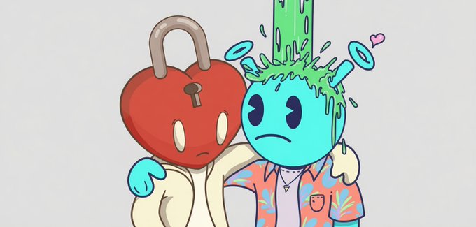 A cute cartoon illustration of a blue character with green slime dripping on its head, standing next to a red heart-shaped padlock character, with a small pink heart floating above.