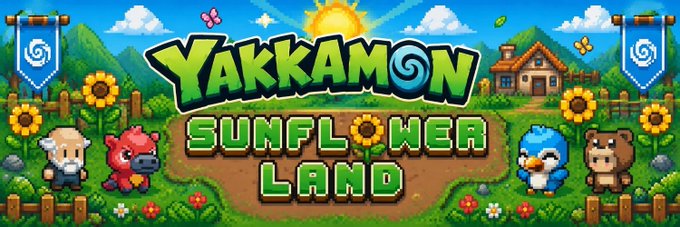 A colorful video game title banner reading 'YAKKAMON: SUNFLOWER LAND' featuring cartoon farm animals including a cow, red bull, penguin, and bear in a pixel-art sunflower field.