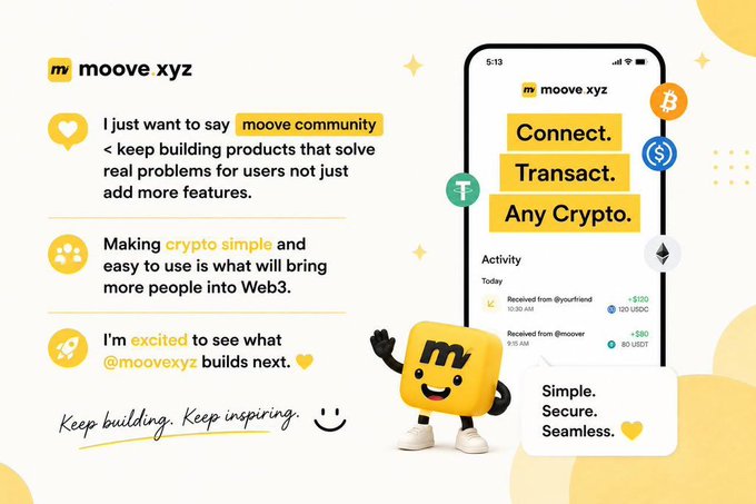 Promotional graphic for 'moove xyz' crypto app featuring the tagline 'Connect. Transact. Any Crypto.' with user testimonials and a yellow mascot character, alongside a phone mockup showing transaction activity.