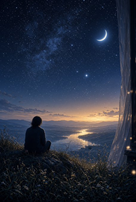 An atmospheric scene of a person sitting on a cliff under a starry night sky with a crescent moon, overlooking a sunset-lit river valley.