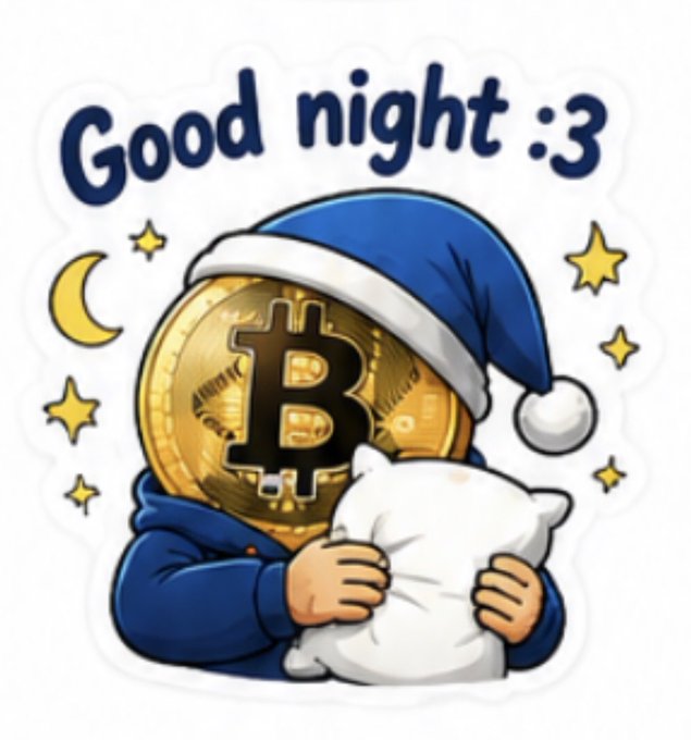 A Bitcoin character wearing a blue sleep cap cuddles a pillow under a moonlit, starry sky, with "Good night :3" written above. The image perfectly matches the post's "GN" (good night) greeting to the crypto world, using the Bitcoin mascot as a friendly goodnight symbol.