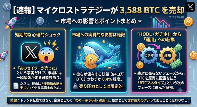 A Japanese infographic breaking news that MicroStrategy sold 3,588 BTC, analyzing market impact: short-term psychological shock on X (former Twitter), limited real market impact since this represents only about 0.4% of their holdings (843,000 BTC), and a strategic shift from 'HODL' to 'utilization', concluding this isn't a trend shift but their 'next move (storage, utilization)' as the world's largest corporation.