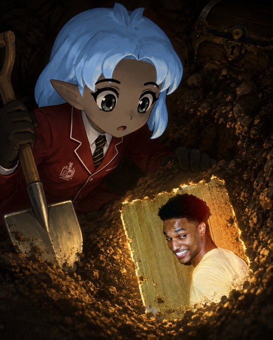 A blue-haired elf-like schoolgirl in a red blazer digs in the dirt with a shovel and peers into a glowing opening where a smiling young man appears. A crest is visible on her blazer, with a treasure chest in the background.