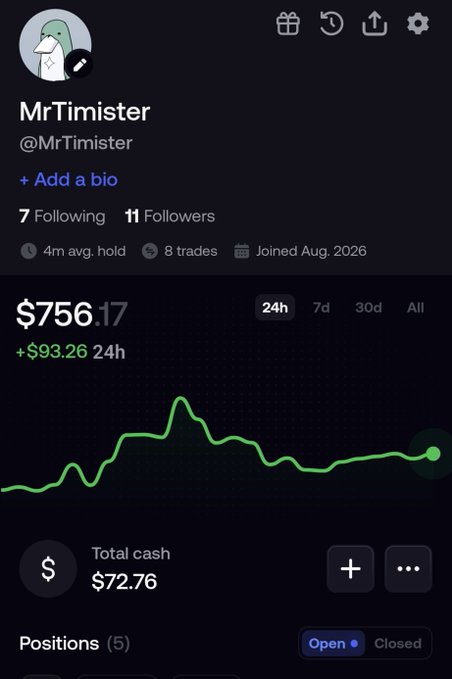 A mobile trading app profile for 'MrTimister' (@MrTimister) shows a portfolio value of $756.17, up $93.26 in 24 hours, displayed on a green line chart with stats including 7 Following, 11 Followers, and a 4-month average hold.