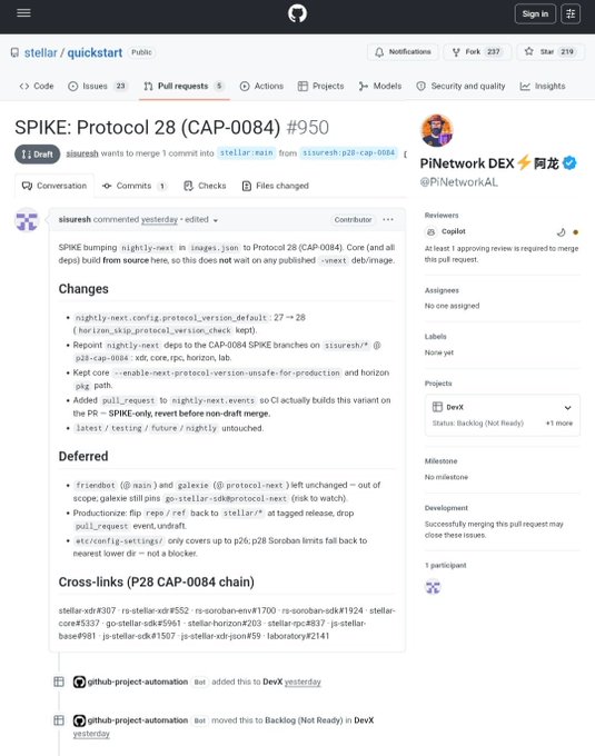 A GitHub pull request from "sisureh" titled "SPIKE: Protocol 28 (CAP-0084) #950" in the stellar/quickstart repository, showing the title, commit hash, and a "Draft" status badge. The post clarifies that this Stellar development work does not relate to Pi Network, as Pi's own protocol version is independently planned to reach only v26.