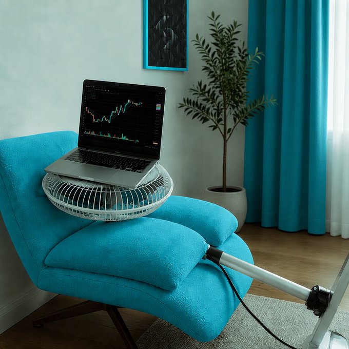 A laptop displaying a stock chart with candlestick patterns rests on a pedestal fan atop a teal armchair, as someone improvises a cooling solution to prevent their computer from overheating while monitoring trades. The makeshift setup humorously illustrates a desperate measure traders might take to keep their equipment running during intense market sessions.