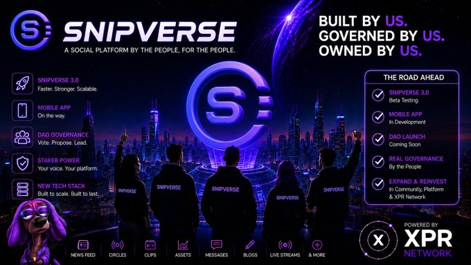 The image is a promotional graphic for Snipverse, a social platform on the XPR Network, featuring its logo, key features like Snipverse 3.0 and a mobile app, and a roadmap highlighting beta testing, DAO launch, and real governance—all aligning with the post's update on upcoming milestones for the second half of the year.