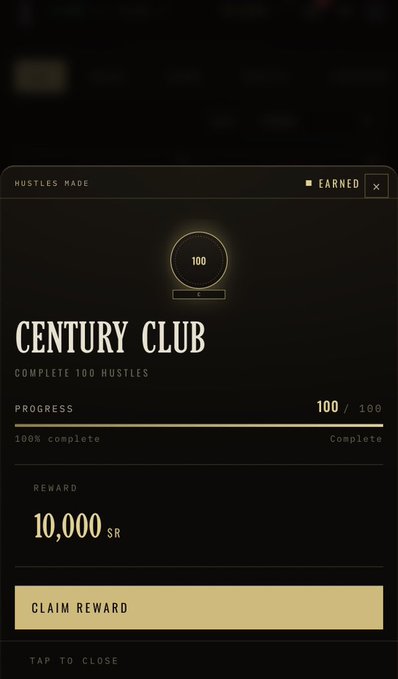 The image shows a game achievement notification for the "CENTURY CLUB" with 100/100 progress (100% complete) for completing 100 hustles, offering a reward of 10,000 SR with a "CLAIM REWARD" button. This visually confirms the post celebrating the Century Club milestone in Syndicate Game, where the player successfully completed all 100 hustles to claim the 10,000 $R reward.
