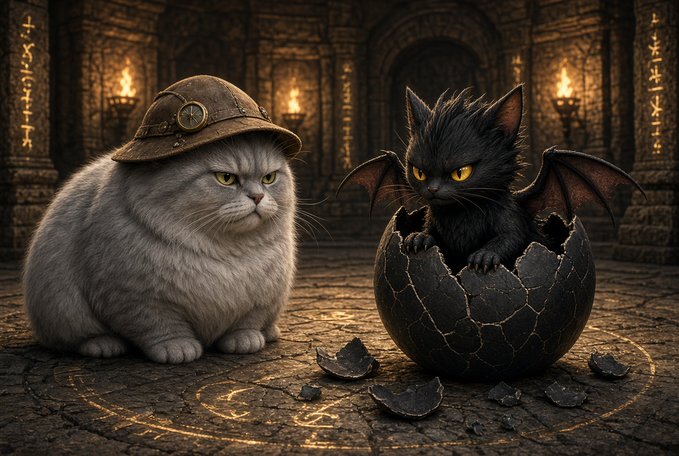 A grey cat wearing a steampunk hat sits next to a black bat-winged cat emerging from a cracked black egg in a dimly lit, ancient stone room.