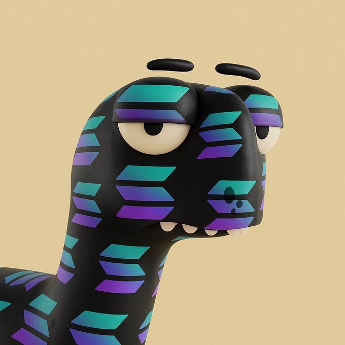 A 3D-rendered black monster character with teal and purple geometric stripes, two heads, and sleepy eyes floats against a cream background, evoking the quirky, speculative vibe of hunting for "alpha" on Solana launchpads. No text or numbers appear in the image.