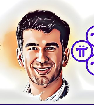 A stylized illustrated portrait of a smiling dark-haired man with a beard appears next to a purple circular logo.