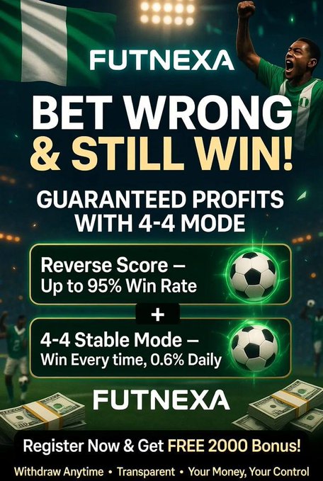 This Futnexa advertisement promotes a betting system with "guaranteed profits" through "4-4 Mode," claiming a "95% Win Rate" for "Reverse Score" and a guaranteed win with "0.6% Daily" for "4-4 Stable Mode." The image is a visual representation of this promotional material, showing stacks of money and football imagery, and directly relates to the accompanying post asking users to "activate your account and drop screenshot and id for stake power."