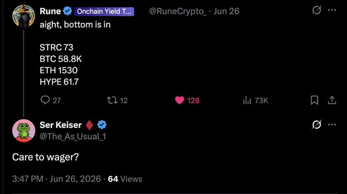 A screenshot of an X (Twitter) exchange where user @RuneCrypto_ declares "aight, bottom is in" with price predictions: STRC 73, BTC 58.8K, ETH 1530, HYPE 61.7, prompting @The_As_Usual_l1 to skeptically reply "Care to wager?"
