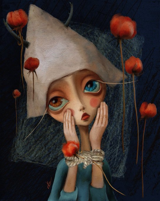 An illustration shows a pale, big-eyed character wearing a pointed hood and holding their face in their hands, surrounded by floating red poppy-like flowers against a dark blue background.