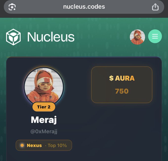 The image shows a Nucleus profile card for user "Meraj" (@0xMeraji) at Tier 2 (Nexus · Top 10%), holding 750 $AURA tokens. It appears to be unrelated promotional imagery for the Nucleus platform rather than directly depicting the Canopy Network announcement.