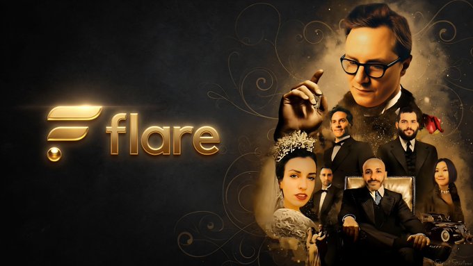 A promotional banner for 'Flare' cryptocurrency showing the Flare logo alongside a group of formally dressed people, including a man with glasses in the foreground.