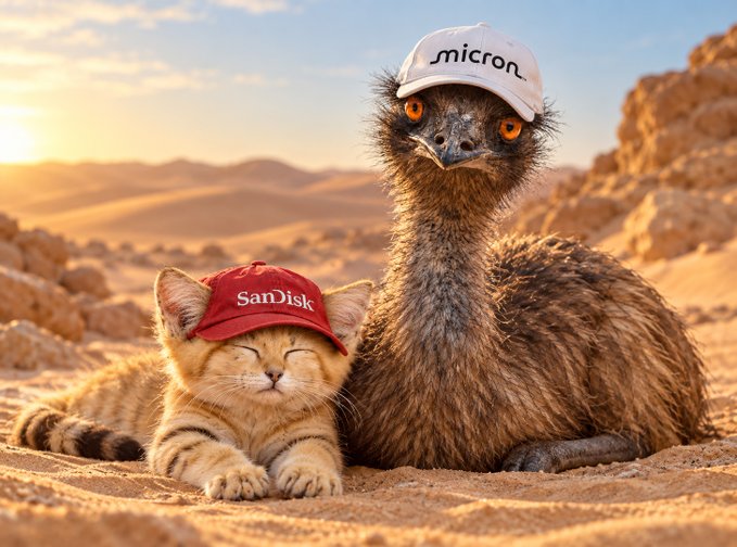 An AI-generated image of an ostrich wearing a 'Micron' cap and a kitten wearing a 'SanDisk' cap lying together on desert sand.