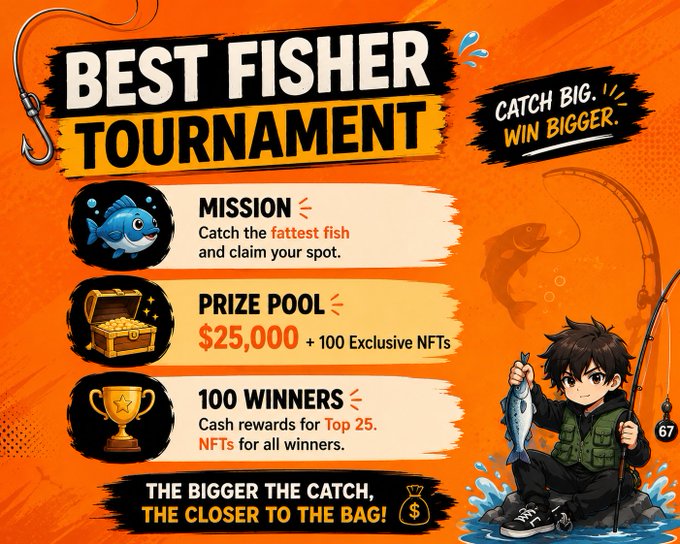 An orange promotional banner for a 'BEST FISHER TOURNAMENT' featuring an anime-style fisherman, with a $25,000 prize pool, 100 exclusive NFTs, and 100 winners.