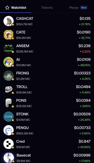 A "Watchlist" screen displays meme coin prices and market caps, with FOMO-worthy gains like AI up 48.05% ($10.8M MC), Cred up 43.99% ($19.1M MC), and CATE up 32.71% ($18.3M MC), fueling the poster's fear of missing out on potential gains.