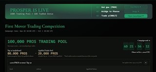 A website screenshot for 'PROSPER IS LIVE' advertising a 'First Mover Trading Competition' with a 100,000 PROS trading pool.