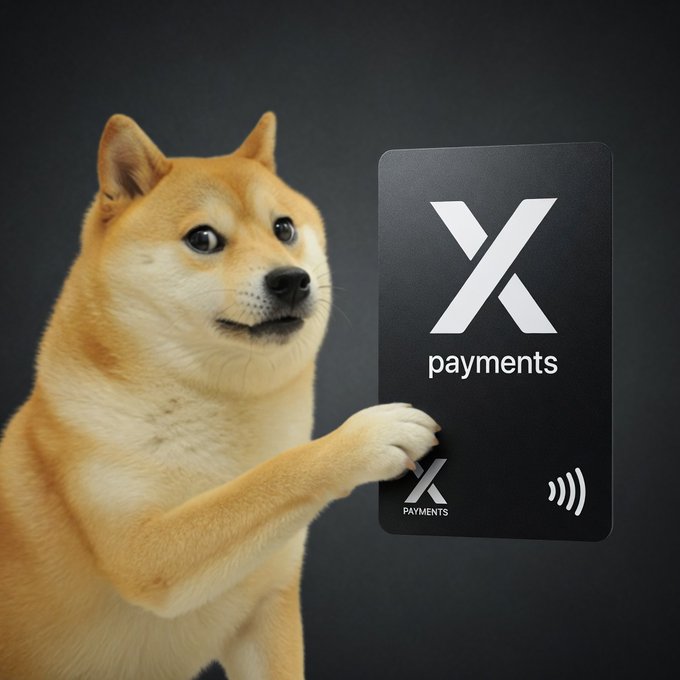 A Shiba Inu (Doge) holds up a black "X payments" card while asking Elon Musk when $DOGE will be integrated with XMoney, combining the iconic Doge meme with Musk's payments platform for a playful crypto integration pitch.