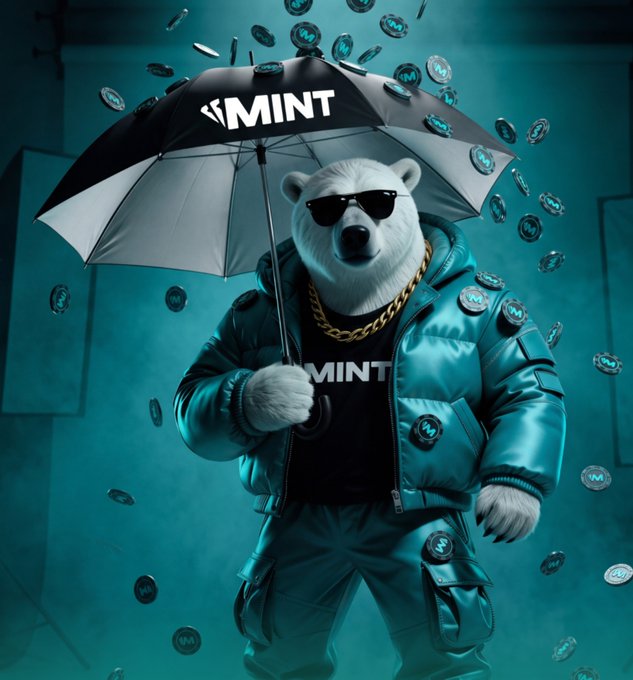 A stylish polar bear wearing sunglasses, a gold chain, and a teal puffer jacket holds a black umbrella emblazoned with "MINT," surrounded by floating coins marked "M"—visually reinforcing the post's message about $MNTD and the @PlayOnMint ecosystem's focus on meaningful participation and value-driven engagement.