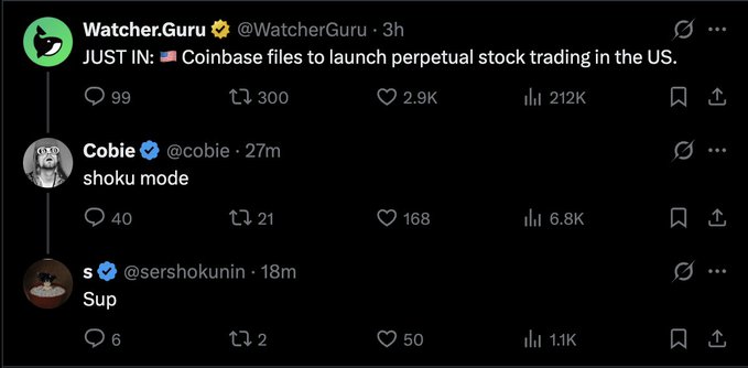 A Twitter/X exchange shows Watcher.Guru announcing "JUST IN: Coinbase files to launch perpetual stock trading in the US," prompting crypto trader Cobie's "shoku mode" reaction and sershokunin's brief "Sup" reply, all reacting to Coinbase's move into a space already dominated by Hyperliquid.