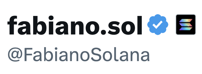 The image displays the username "fabiano.sol" in bold black text alongside a blue verification checkmark and a Solana logo icon, with the handle "@FabianoSolana" shown below in gray. This appears to be a social media profile header, likely belonging to a verified user on the Solana blockchain network, whose post teases an announcement scheduled for 9/9 involving a "last minute world badge."