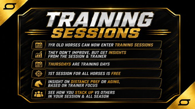 A promotional graphic titled 'TRAINING SESSIONS' with details including '1YR OLD HORSES CAN NOW ENTER TRAINING SESSIONS' and 'THURSDAYS ARE TRAINING DAYS'.