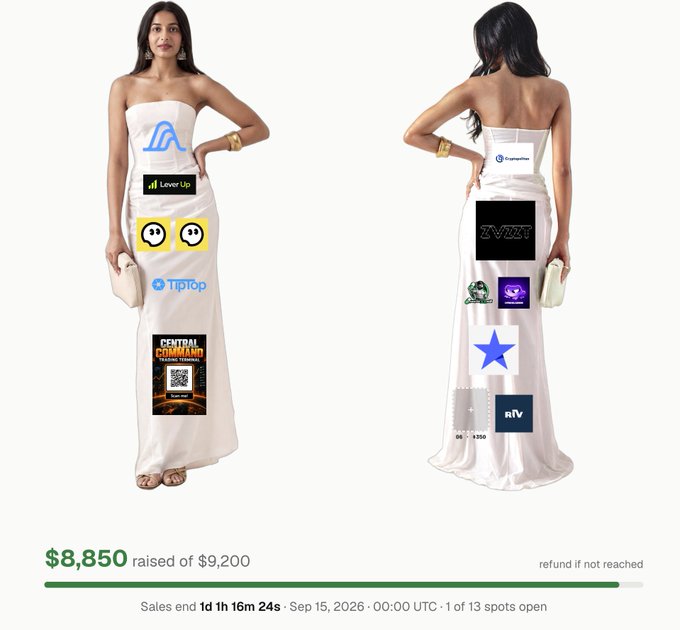The image shows a crowdfunding page featuring a model in a white strapless dress displaying various cryptocurrency and project logos (LevverUp, 33/33, TipTop, Central Command, IXT, and others), with $8,850 raised of a $9,200 goal and sales ending in 1d 1h 16m 24s. The post critiques crypto projects that spent funds on this promotional dress campaign, suggesting investors short these tokens while hedging with BTC and ETH.