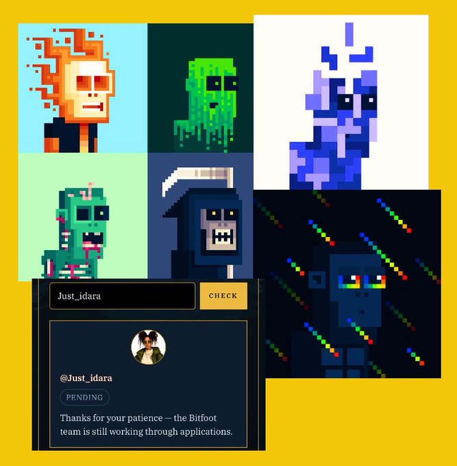 A collection of pixel art characters on a yellow background showing various zombie-like figures, with a Bitfoot application status showing 'Just_idara' as pending.