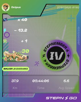 A fitness app screenshot showing an activity summary for 'Octpus' with 37.9 km walked in 05:44:06 time and a 'Stepnember IV' badge.