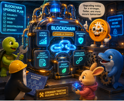 Colorful cartoon illustration of various animal characters (turtle, penguin, Bitcoin coin, rabbit, dolphin) around a "BLOCKCHAIN UPGRADE IN PRO" machine, listing features like scalability, security, speed, decentralization, and efficiency, with a sign saying "STRONGER TOGETHER BUILDING THE FUTURE".