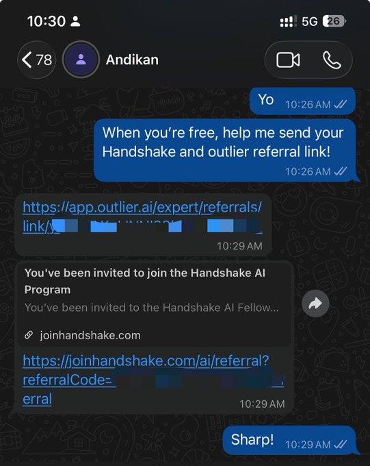 A WhatsApp chat with "Andikan" showing exchanged referral links for Outlier (app.outlier.ai) and Handshake AI (joinhandshake.com), confirming the sharing of referral codes as promised in the post about helping others collect referral links for both platforms.