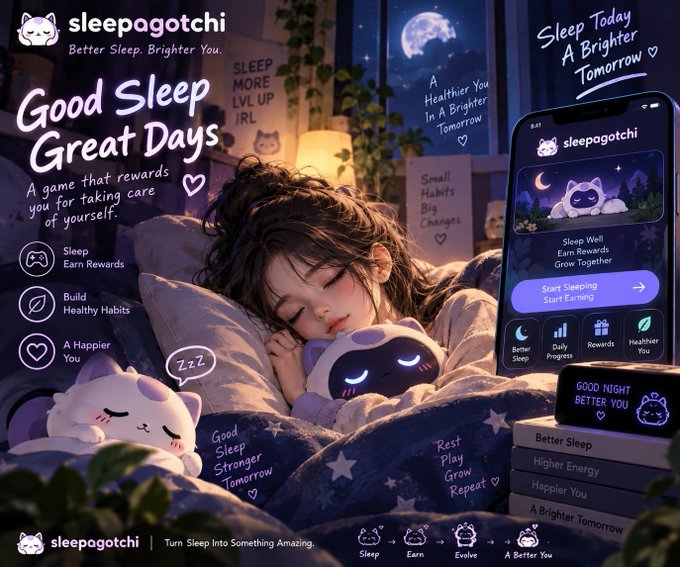 An anime-style promotional image for the 'sleepagotchi' app showing a girl sleeping with a cute cat companion, with text 'Good Sleep Great Days' and 'Sleep Today A Brighter Tomorrow', alongside app features like 'Sleep Earn Rewards' and 'Build Healthy Habits'.
