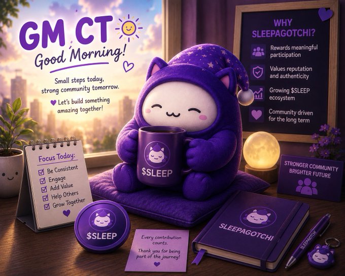 The image features a cute stuffed animal wearing a purple outfit sitting next to a coffee cup with a cat design on it. The scene also includes various items such as a notebook, a pen, a mug, a book, and a plant. The background of the image is a window overlooking a cityscape, which adds an urban touch to the setting. The post appears to be promoting the idea that small steps towards learning, contributing, and growing can lead to meaningful participation in the ecosystem.