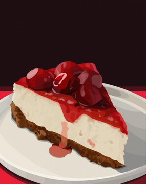 The image features a slice of cherry cheesecake resting on a white plate, placed on top of a red tablecloth that adds a vibrant pop of color. The cake appears to be well-prepared with a generous dollop of whipped cream and cherries on top. In the accompanying text, there are two descriptions: "Cherry Cheesecake" and "Slice of Summer Price: 0.0049 eth( $10 ) 9 editions available". These descriptions provide information about the dessert being offered in this post.