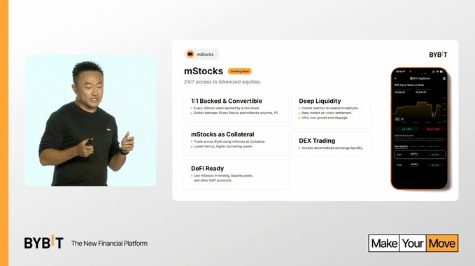 A man in a black "Make Your Move" t-shirt stands beside a promotional slide for mStocks by BYB'T, highlighting key features: "247 access to tokenized equities," "1:1 Backed & Convertible," "mStocks as Collateral," "Deep Liquidity," "DEX Trading," and "DeFi Ready," with a smartphone display of the mStocks live chart on the right.